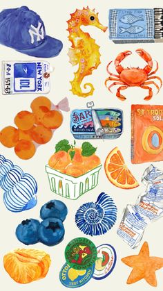 an image of various items that are on display in this drawing or collage, including oranges and seahorses