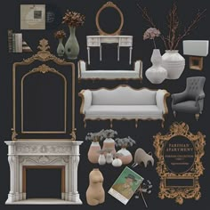 an assortment of furniture and decor items displayed on a black background with gold trimmings