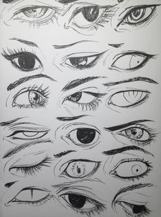 a bunch of different types of eyes drawn in pencil on white paper with black ink