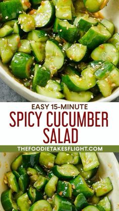 the recipe for spicy cucumber salad is shown in a white bowl and on top of