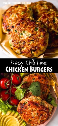 two images with the words easy chili lime chicken burgers on them and some vegetables