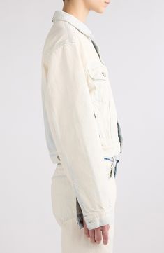 A white-on-black Balenciaga label is stitched into the back of the collar of this bleached-denim jacket cut in a broad-shouldered silhouette. 21" length (size Medium) Front button closure Spread collar Button cuffs Chest button-flap patch pockets; side welt pockets Adjustable button side tabs 100% cotton Washine wash, line dry Made in Italy Designer Clothing White Denim Jacket With Frayed Hem, White Distressed Denim Jacket For Streetwear, White Washed Cotton Denim Jacket, White Washed Denim Outerwear, White Washed Long Sleeve Denim Jacket, Bleached Denim Jacket, Black Balenciaga, Bleached Denim, Welt Pockets