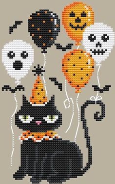 a cross stitch pattern with halloween decorations and balloons in the shape of cats, pumpkins and