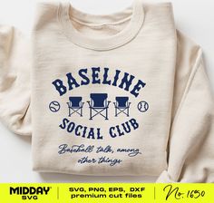 a white sweatshirt with the words baseline social club on it and two chairs in front