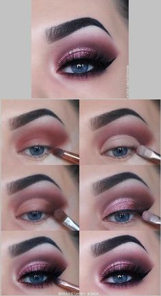 Step By Step Makeup, Maquillage Yeux Cut Crease, Makeup For Blue Eyes, Bridal Eye Makeup, Purple Eye Makeup, Pink Eye Makeup