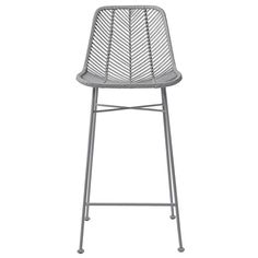 an outdoor bar stool with metal legs and a seat cushion on the back, in grey