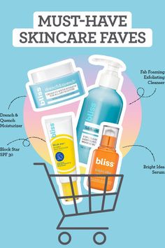 a shopping cart filled with different types of skin care products and the words must - have skincare faves