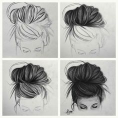 four different views of a woman's head with her hair pulled up in a bun