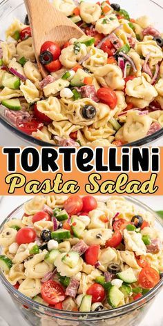 tortellini pasta salad with tomatoes, cucumbers and olives in a glass bowl