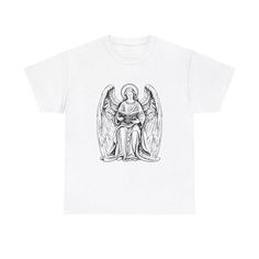 a white t - shirt with an angel holding a guitar in it's hands