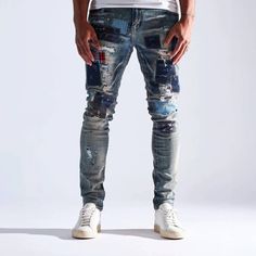 * Embellish Nyc Men's Jean * Distressed Denim * Patchwork And Rip Details * Skinny Fit * Stretch Fabric * 98% Cotton, 2% Spandex * 34" Inseam * Imported * Mpn Embhol21-1-18 * Msrp $45 Ripped Jeans Men, Embellished Jeans, Dark Blue Jeans, Printed Jeans, Denim Patchwork, Calvin Klein Men, Zara Man, Grey Denim, Mens Denim