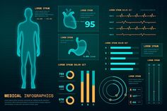 the medical infographical elements are displayed in blue and orange colors, including an image of a man's body