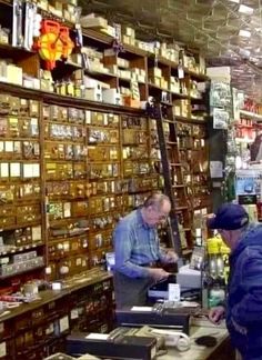 two men in a store looking at items