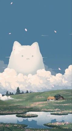 a white cat sitting on top of a lush green field under a blue sky with clouds