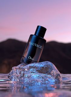 a bottle of sauvage sitting on top of an ice block in the water