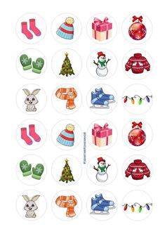 christmas stickers with different types of items on them, including socks and mittens