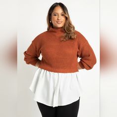 Eloquii Women's Plus Size Twofer Skirted Sweater Size 14/16 Nwt. Burnt Orange (Brownish) & White In Color. 100% Acrylic. Measurements: Approximate/ Flat Shoulders: 25" Sleeves: 21" Ptp: 24" Length: 33" Office Outfits Women Plus Size, Turtle Sweaters, Plus Size Work, Faux Fur Sweater, Office Outfits Women, Sweater Women's, Long Sleeve Knit Sweaters, Knit Turtleneck Sweater, Professional Outfits