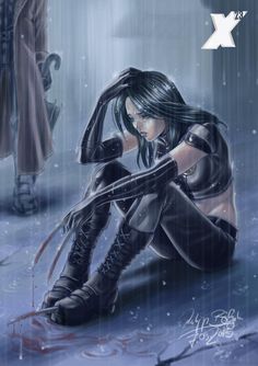 an anime character sitting on the ground in the rain