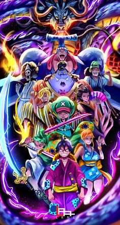 the poster for one piece's upcoming movie, featuring characters from different erass