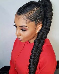 Braided And Ponytail Hairstyles, Bubble Ponytail Pigtails, Braided Ponytail With Cornrows, Long Pony Braid, Pixie Mohawk Faux Hawk, French Braid Ponytail Black Hair, Braided Ponytail With Weave, Two Ponytails With Weave Braids, Braided Back Ponytail