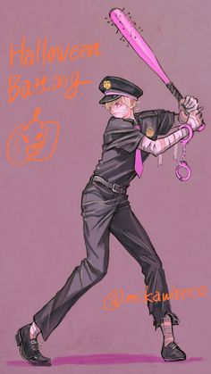 a drawing of a man in uniform holding a baseball bat and wearing a purple tie