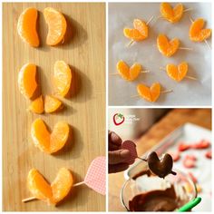 oranges being peeled and cut into hearts for valentine's day treats