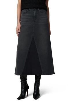 The midi denim skirt has taken over runways and street style and this version feels fresh with asymmetric seams and a contrast inset panel. 32 1/2" length Zip fly with button closure Five-pocket style 99% cotton, 1% elastane Machine wash, tumble dry Imported Chic Mid-rise Denim Skirt With Pockets, Asymmetrical Hem Denim Skirt, Denim Asymetrical Midi Skirt, Relaxed Denim Skirt With Pockets, Medium Wash, Midi Denim Skirt, Full-length Cotton Denim Skirt With Frayed Hem, Dressing Over 50, Asymmetric Skirt, Midi Denim