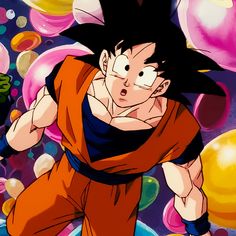 a young gohan is flying through the air with balloons around him and his arms are stretched out