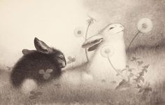 a drawing of two rabbits playing with dandelions