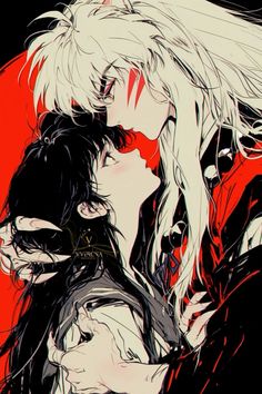 two anime characters are kissing in front of a red background with black and white hair