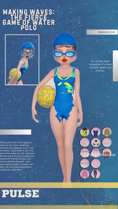 a girl in a bathing suit holding a ball and wearing goggles with the words making waves game of water polo on it