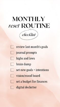 a pink and white checklist with the words, monthly rest / routine checklist