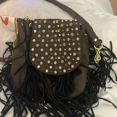 Rhinestone Flap/Chain Shoulder Strap. Bucket Bag With Drawstring And Snap Closure. Original Tags. Trimmed With Fringes Party Leather Bags With Rhinestones, Cross Purses, Yellow Purses, Large Hobo Bag, Steve Madden Purse, Steve Madden Handbags, Floral Purse, Steve Madden Bags, Large Shoulder Bags