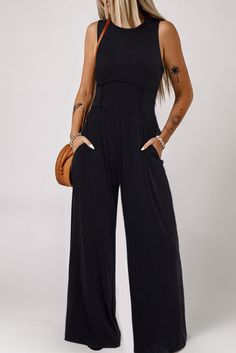 Grey Jumpsuit, Jumpsuit Outfit, Sleeveless Jumpsuits, Fashion Seasons, Sleek Look, Wide Leg Jumpsuit, Black Sleeveless, Black Jumpsuit, Cinched Waist