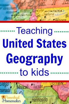 a map with the words teaching united states geography to kids on it and in blue