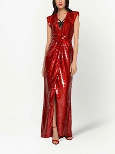 Dolce & Gabbana Sequined V-neck Gown - Farfetch Luxury Sequin V-neck Evening Dress, Luxury V-neck Evening Dress With Sequins, Red Contrast Sequin Evening Dress, Festive Sequined V-neck Evening Dress, Festive V-neck Sequin Evening Dress, Festive V-neck Evening Dress With Sequins, Red Embellished Sequin Evening Dress, Glamorous V-neck Evening Dress For Red Carpet, Glamorous Red Carpet Evening Dress With V-neck