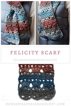 a crocheted scarf is shown with the words, felicity scarf