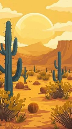 a desert scene with cacti and mountains in the background