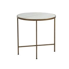 a white marble top side table with gold metal legs and a round glass top on an iron base