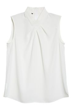 A pleated crossover collar lends sophisticated drape to a sleeveless crepe blouse for a refined workday look. Stand collar V-neck Sleeveless 100% polyester Hand wash, line dry Imported Elegant White V-neck Top For Work, Elegant Sleeveless V-neck Top For Work, Viscose Sleeveless Blouse Tank Top For Work, Sleeveless Viscose Tank Top For Work, Elegant Sleeveless Viscose Top, Elegant Sleeveless Viscose Blouse, White Sleeveless Viscose Top, Versatile Sleeveless Viscose Blouse, Classic Sleeveless Tops For Work