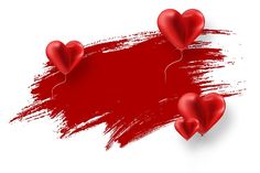 three red hearts on a white background with brush strokes and space for text or image