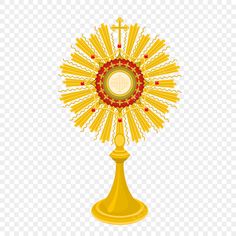 a golden cross on top of a gold pedestal with red and white decorations, hd png