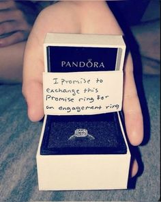 someone is holding an engagement ring in a box that says, i promise to exchange this prom ring into an engagement ring