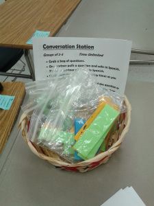 a basket filled with toys sitting on top of a table