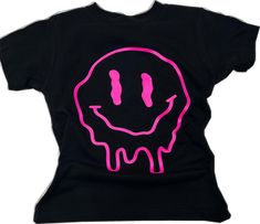 Black Smiley Face Crew Neck Top, Black Crew Neck Top With Smiley Face, Black Smiley Face Crew Neck T-shirt, Black Crew Neck T-shirt With Smiley Face, Summer Streetwear Tops With Smiley Face, Summer Smiley Face Tops For Streetwear, Trendy Pink Smiley Face Tops, Fun Pink Smiley Face Tops, Fun Pink Tops With Smiley Face