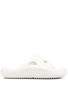 white signature Meteor cut-out detailing open toe slip-on style flat rubber sole Modern White Sandals With Rubber Sole, Casual White Sandals With Translucent Outsole, White Flat Sandals With Textured Sole, White Sandals With Translucent Outsole For Beach, Modern White Slides For Spring, White Textured Sole Slip-on Slides, White Open Toe Slides With Textured Footbed, Comfortable White Slides With Rubber Sole, White Slides With Textured Footbed