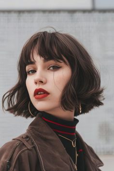 Woman with bob haircut and red lipstick looking to the side against a blurred background. French Bob For Fine Hair, French Hairstyles Short, Bob Bangs Hairstyles, Short Haircut Bangs, French Bob Round Face, Bangs Bob Haircut, French Bob Haircut With Bangs, Chin Length Bob With Bangs, French Bob Fine Hair