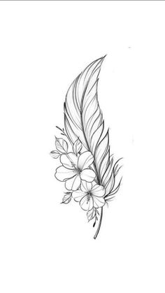 a black and white drawing of a feather with flowers on the back of its wing