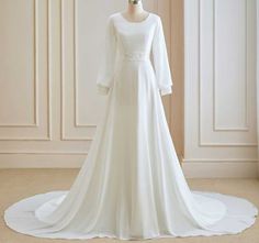 Chiffon Minimalist Wedding Dress with Long Sleeves ET3036 White Satin Wedding Dress, Goth Wedding Dresses, Minimalist Wedding Dress, Wedding Dress With Long Sleeves, Wedding Cloak, Black Ball Gown, Minimalist Wedding Dresses, Chiffon Wedding Dress, Bridal Cape