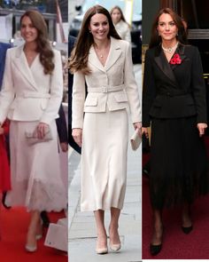 four different pictures of women in formal wear, one wearing a white suit and the other black